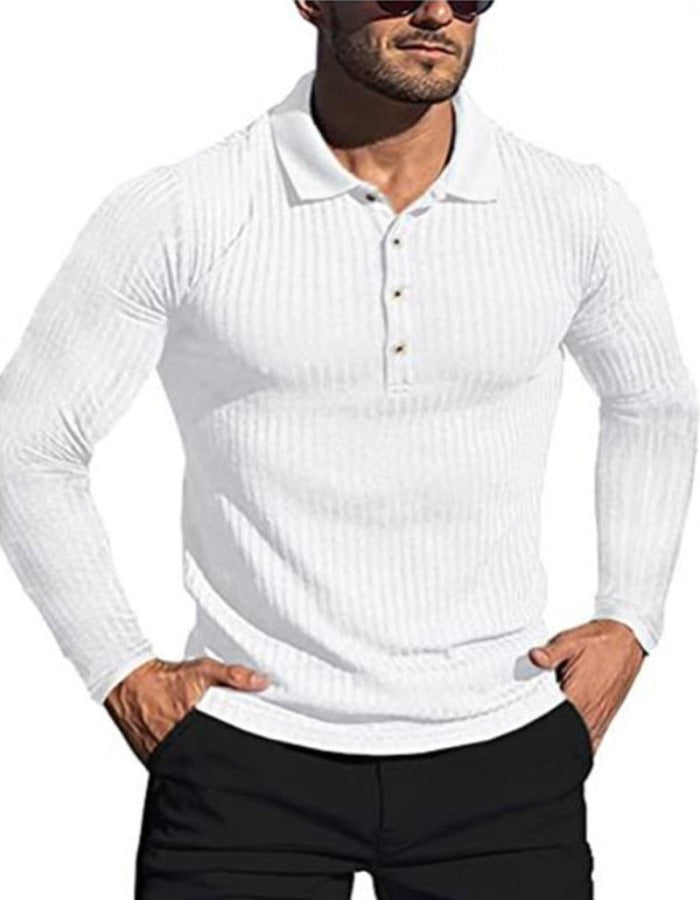 SHOPIQAT New Men's High Elastic Vertical Strip Long Sleeve Slim Knit Bottom Polo Shirt - Premium from shopiqat - Just $7.900! Shop now at shopiqat